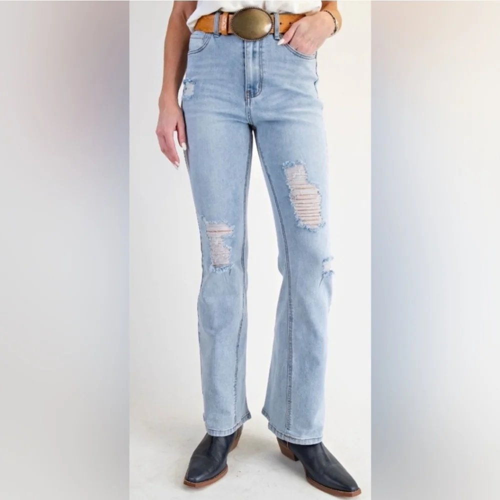 Easel Jeans Denim Classic Blue Distressed Stretch